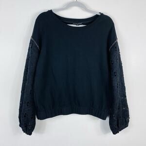 Boston Proper Size Small Embellished Lace Sleeve Sweatshirt Black Cotton Blend